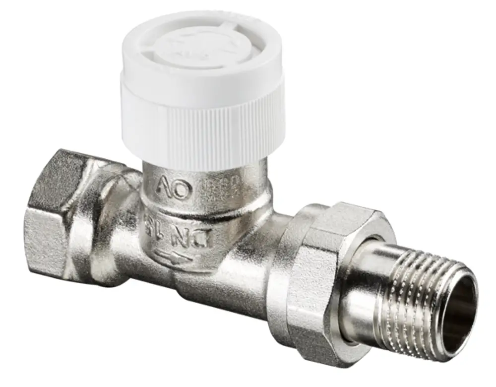 Thermostatventil von Oventrop mit einem Durchgangsdesign, einem weißen Kopf und einem Verbindungselement. Sichtbare Gewinde mit unterschiedlichen Durchmessern.
